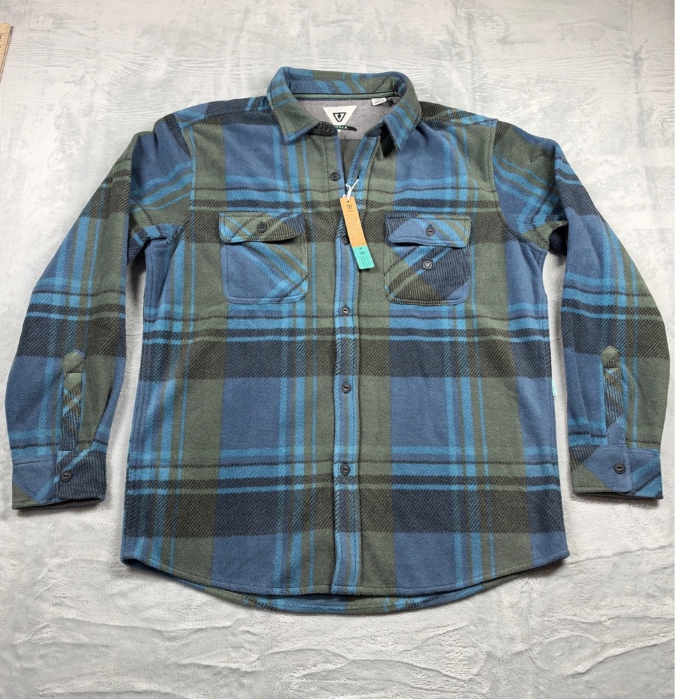Vissla Eco-Zy Polar Fleece Flannel Men L NWT Blue Green Plaid Shirt Jacket